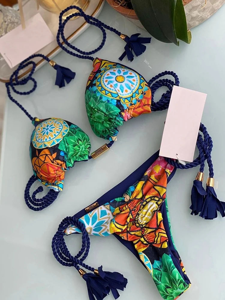 Aurora Tassel Side Tie Halter Bikini  Sunset and Swim Blue/Mixed S 