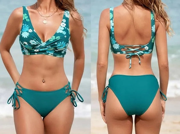 Marbella Low-Waist Lace up Bandage Bikini Set  Sunset and Swim Flower Green S 