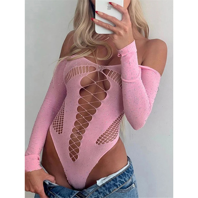 Sexy Shiny Rhinestone Hollow Out Bodysuit  Sunset and Swim Long Sleeve Pink One Size 