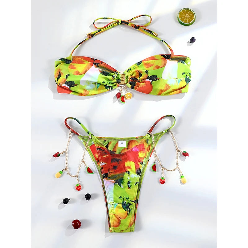 Fruit Paradise Bandeau Bikini Sunset and Swim Green/Mixed S 