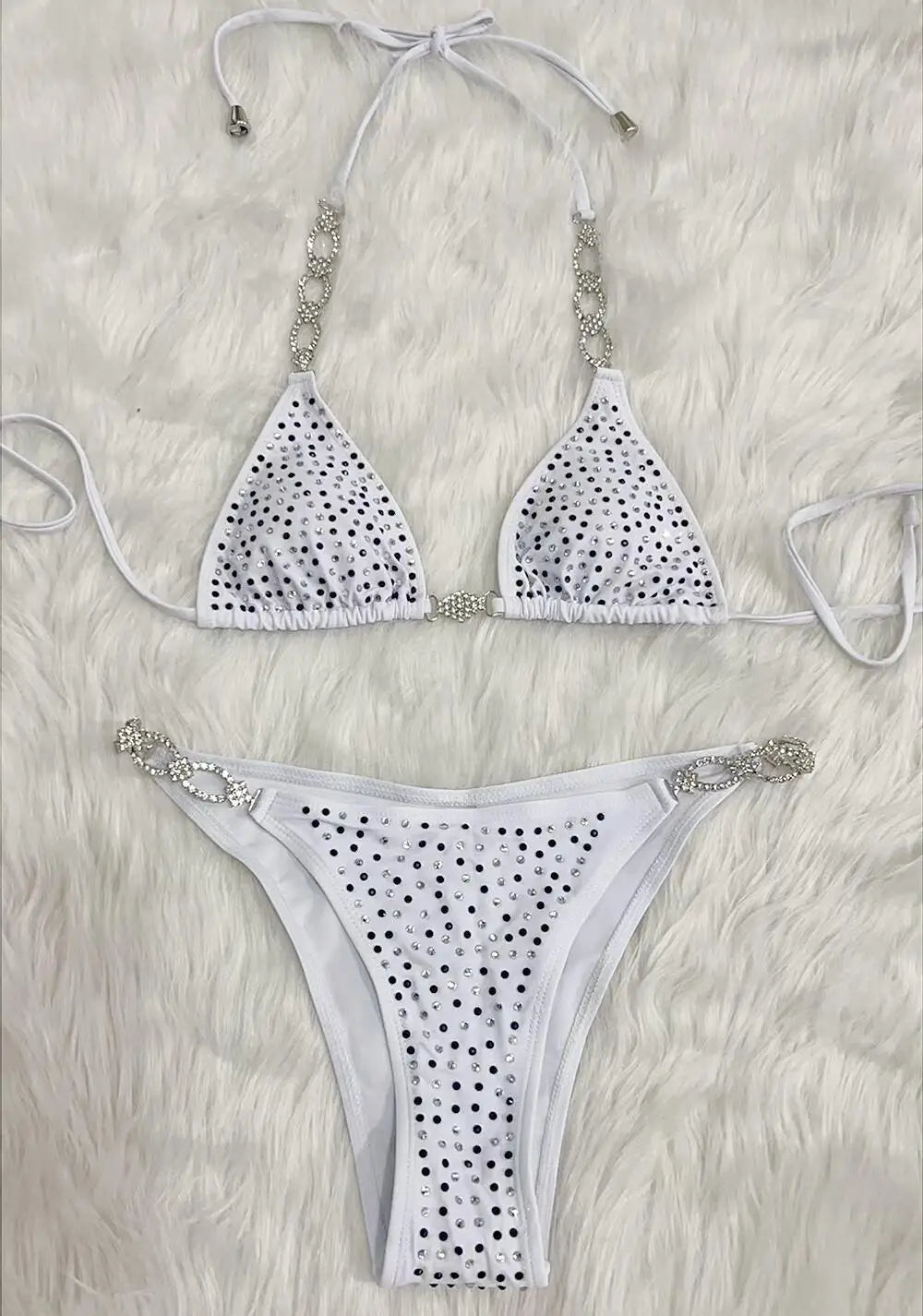 Luxe Diamond Embellished Halter Bikini Sunset and Swim White S