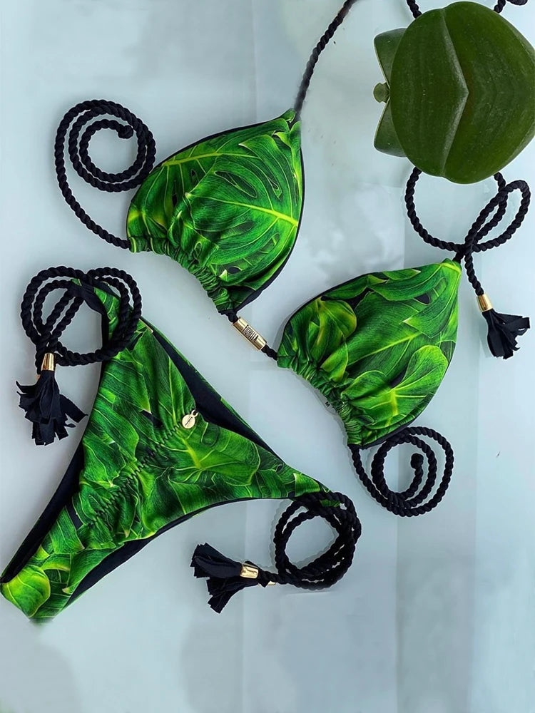 Aurora Tassel Side Tie Halter Bikini  Sunset and Swim Green 2 S 