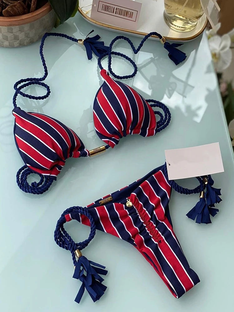 Aurora Tassel Side Tie Halter Bikini  Sunset and Swim Blue/Red M 
