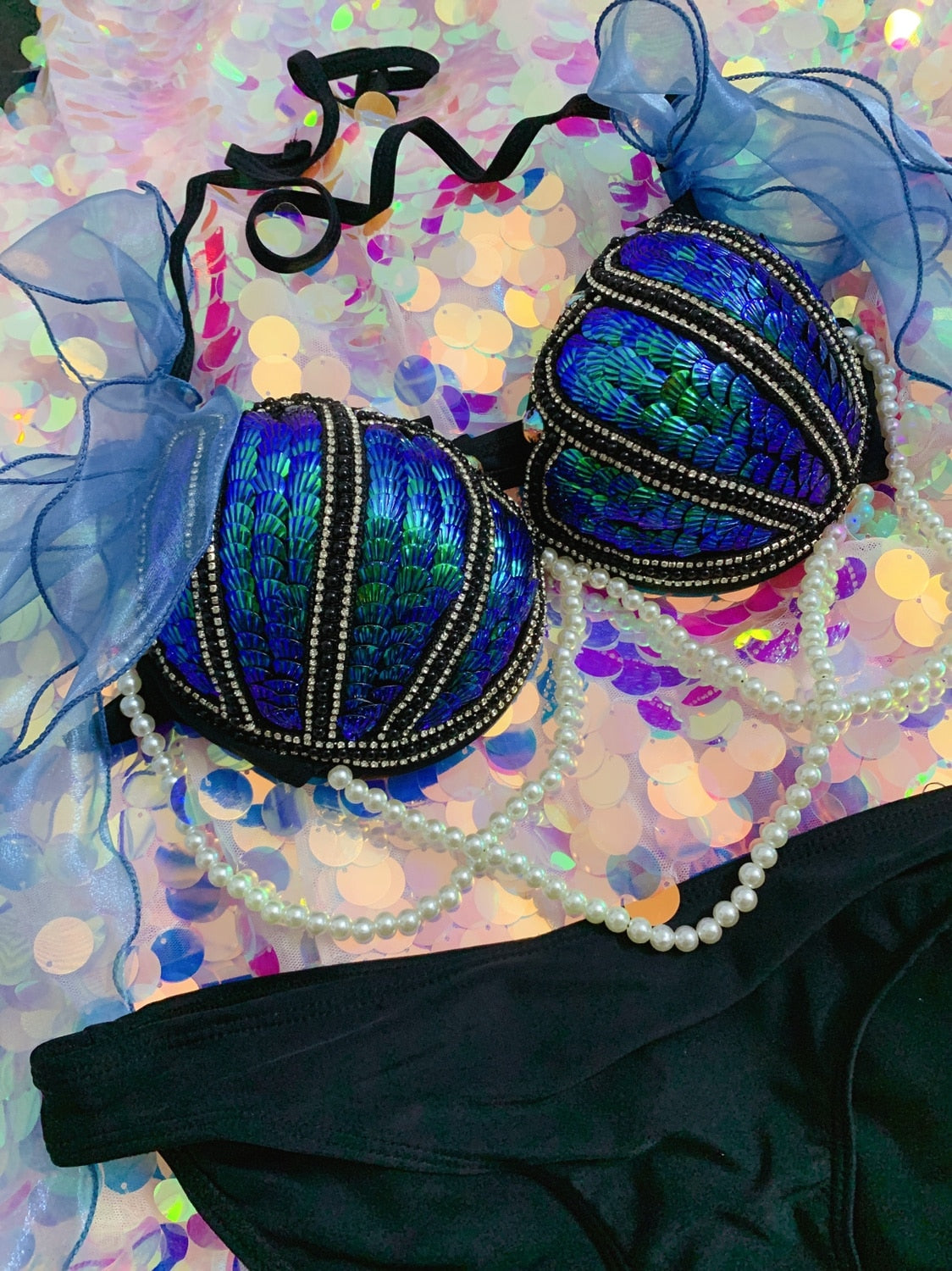 Aqua Opulence Handmade Diamond Pearl Mermaid Bikini Set – Sunset
