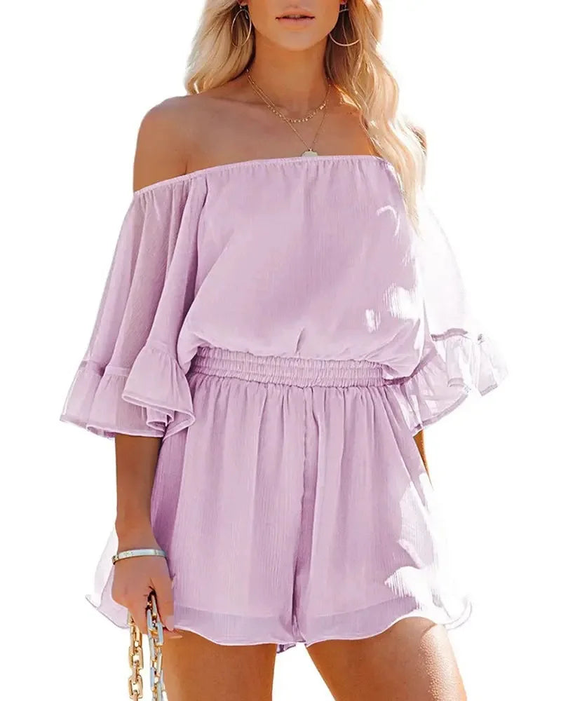 Paradise Awaits Off Shoulder Romper Sunset and Swim   