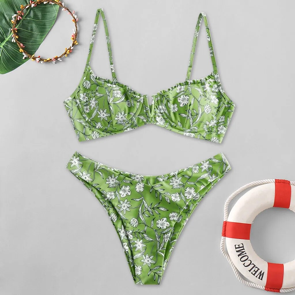 Cute Flower Print High Cut V Neck Bikini  Sunset and Swim Green S 