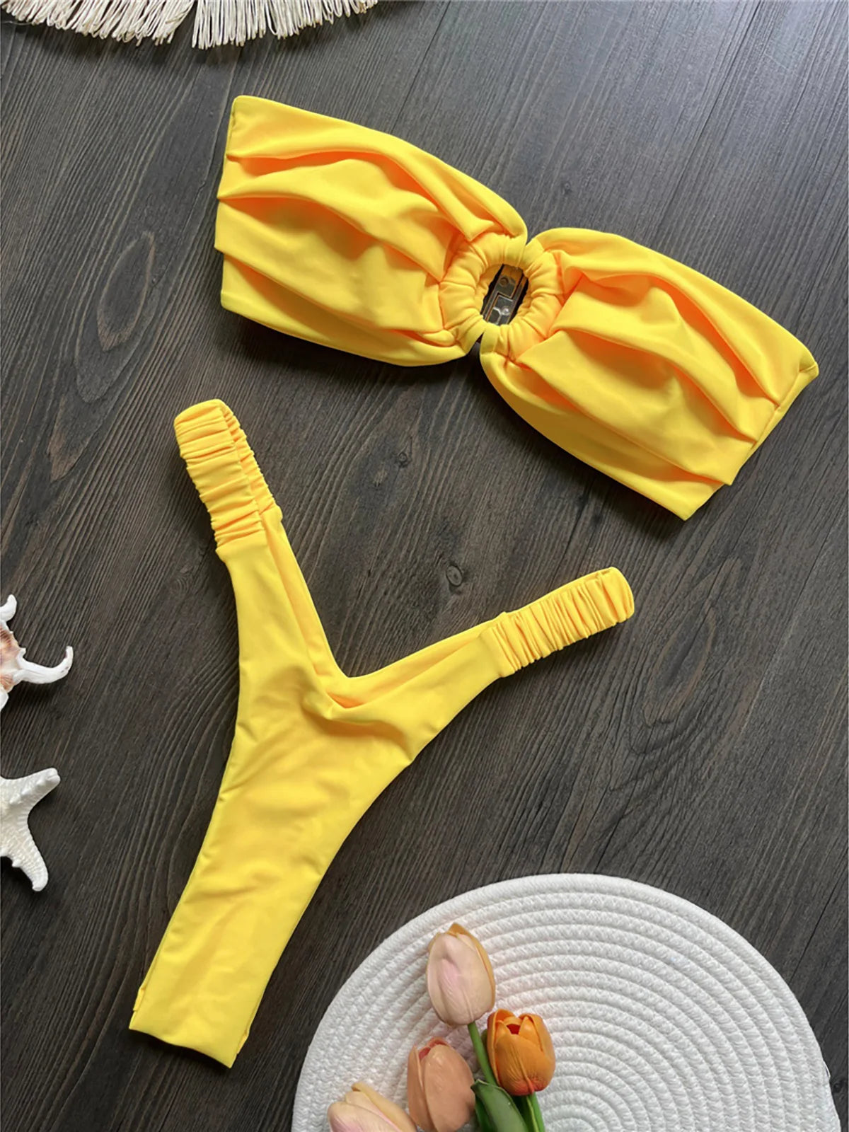 Sea Breeze Stunner Bandeau High Cut Micro Thong Bikini Sunset and Swim Yellow S 