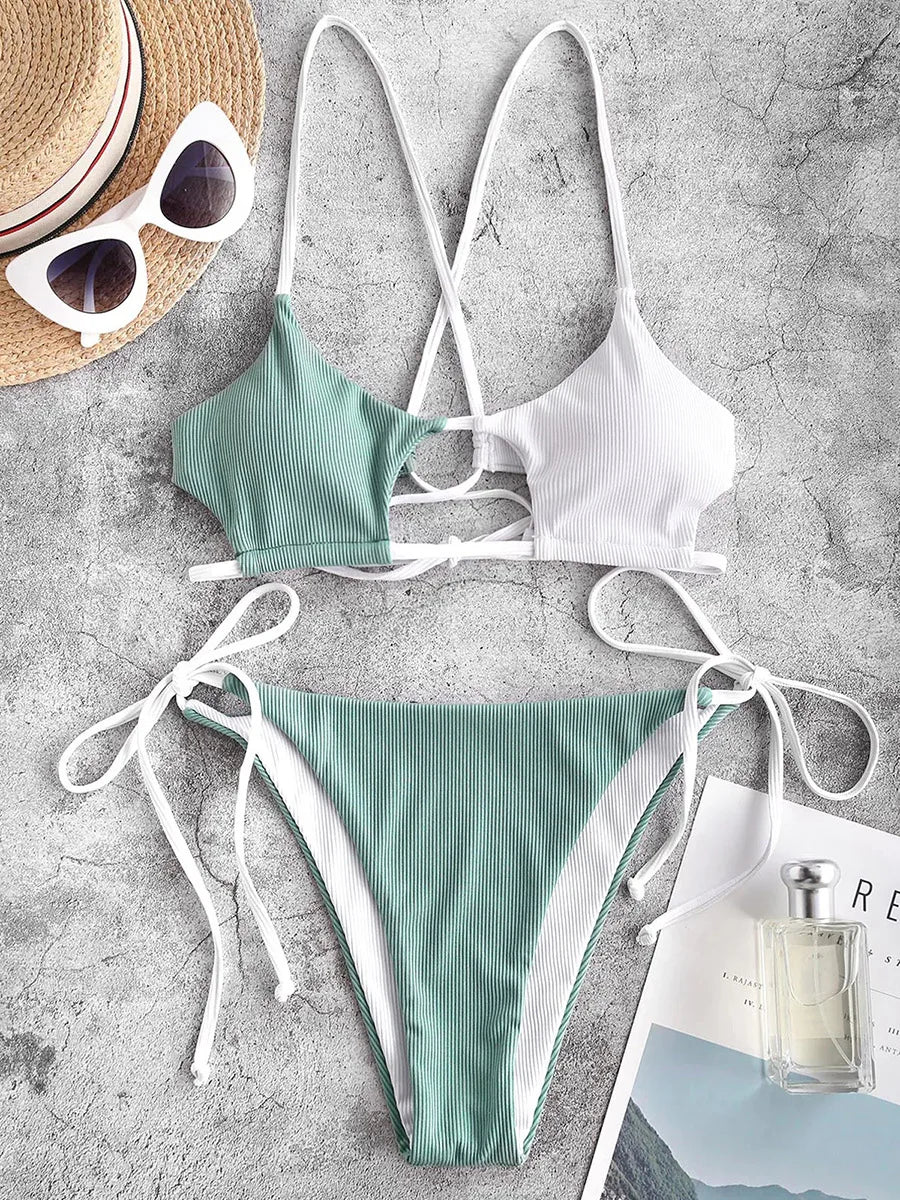 Stella Cut Out Side Tie Bikini  Sunset and Swim Green S 