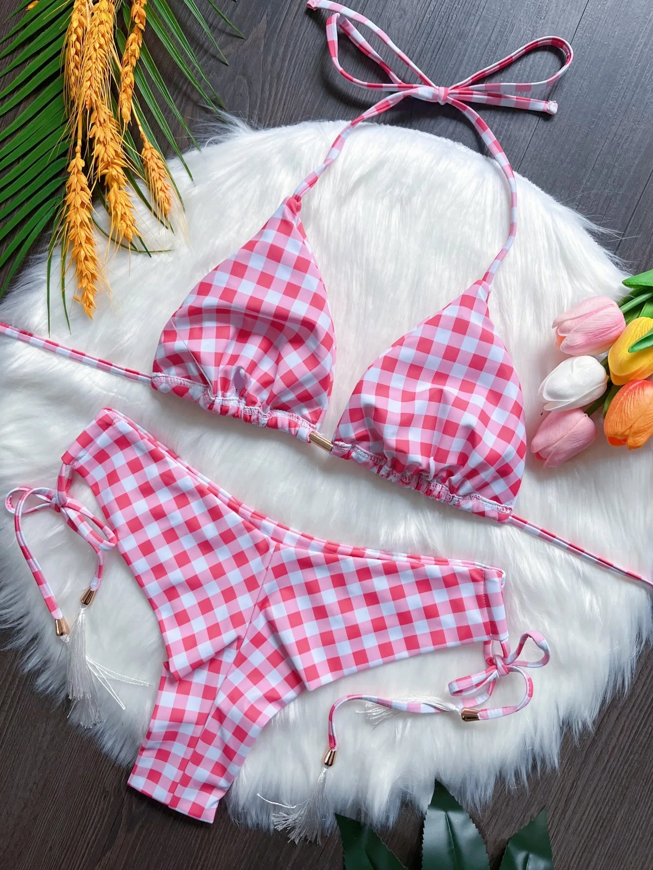 Seaside Picnic Gingham Triangle Bikini Sunset and Swim