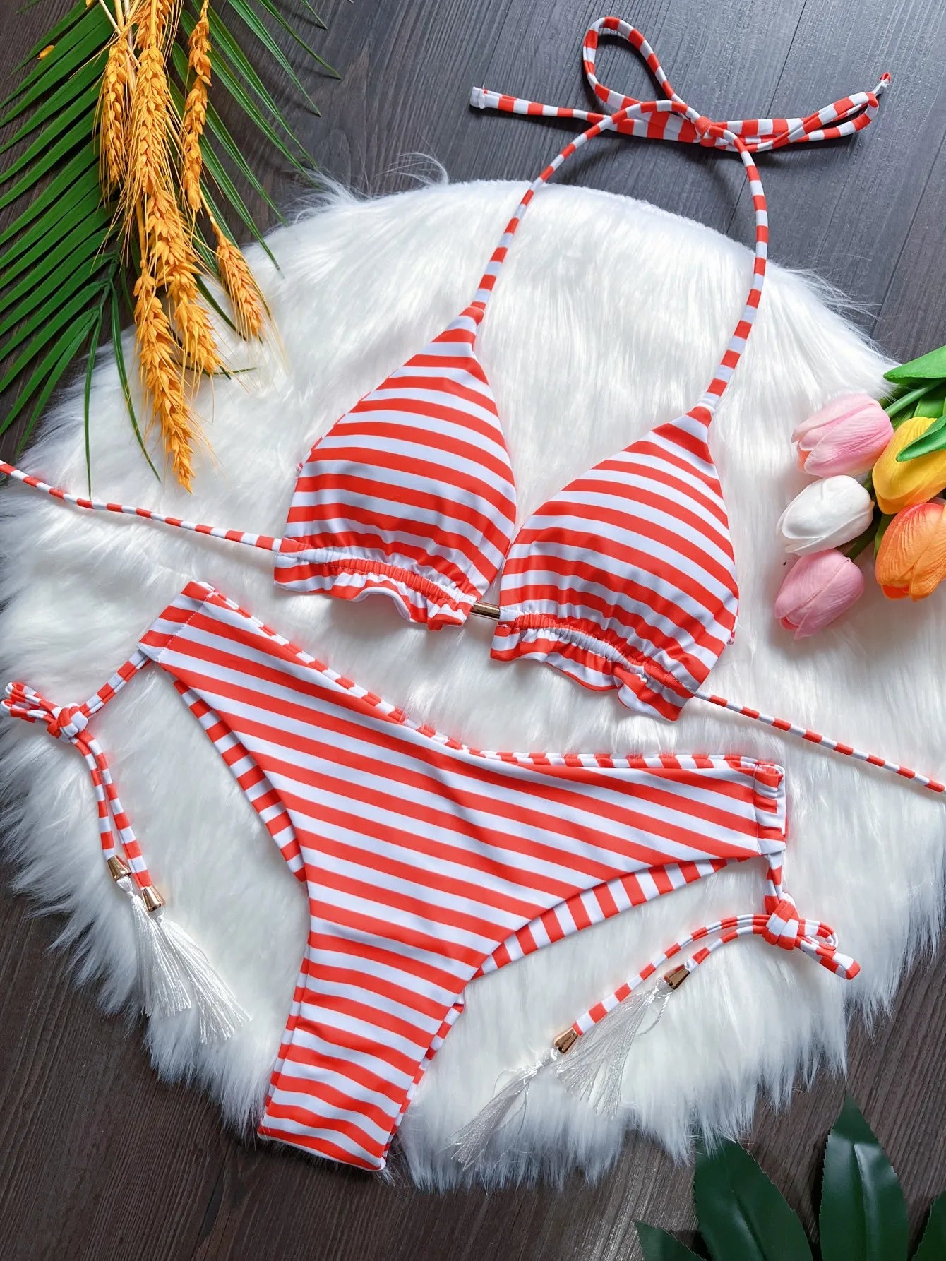 Seaside Stripes Bikini Sunset and Swim Red/Orange/White L 