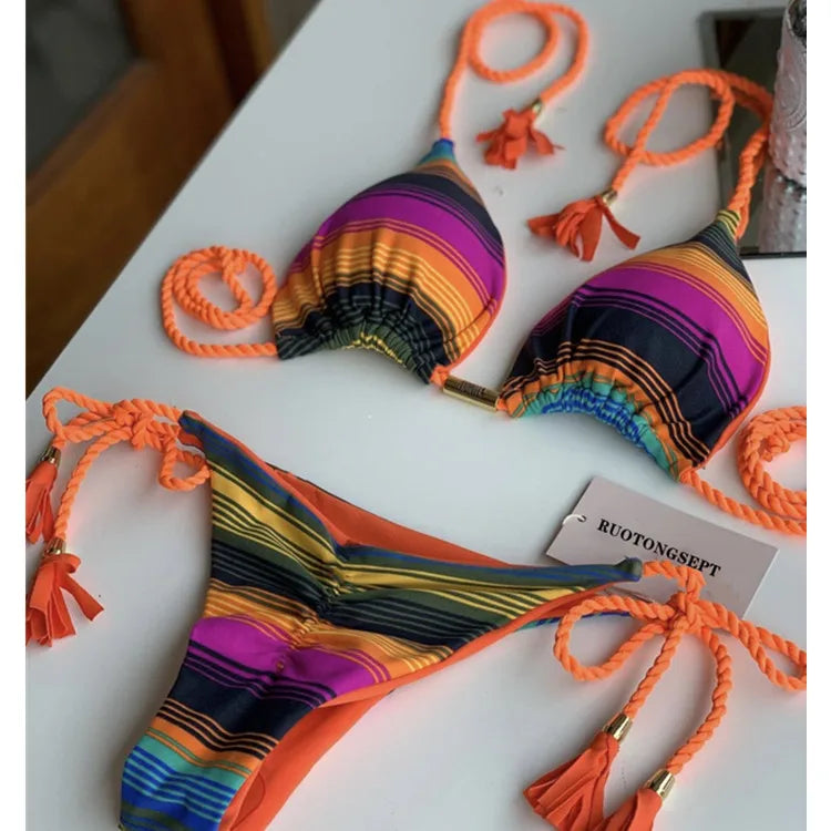 Isabella Tassel Side Tie Halter Bikini  Sunset and Swim Orange/Purple S 