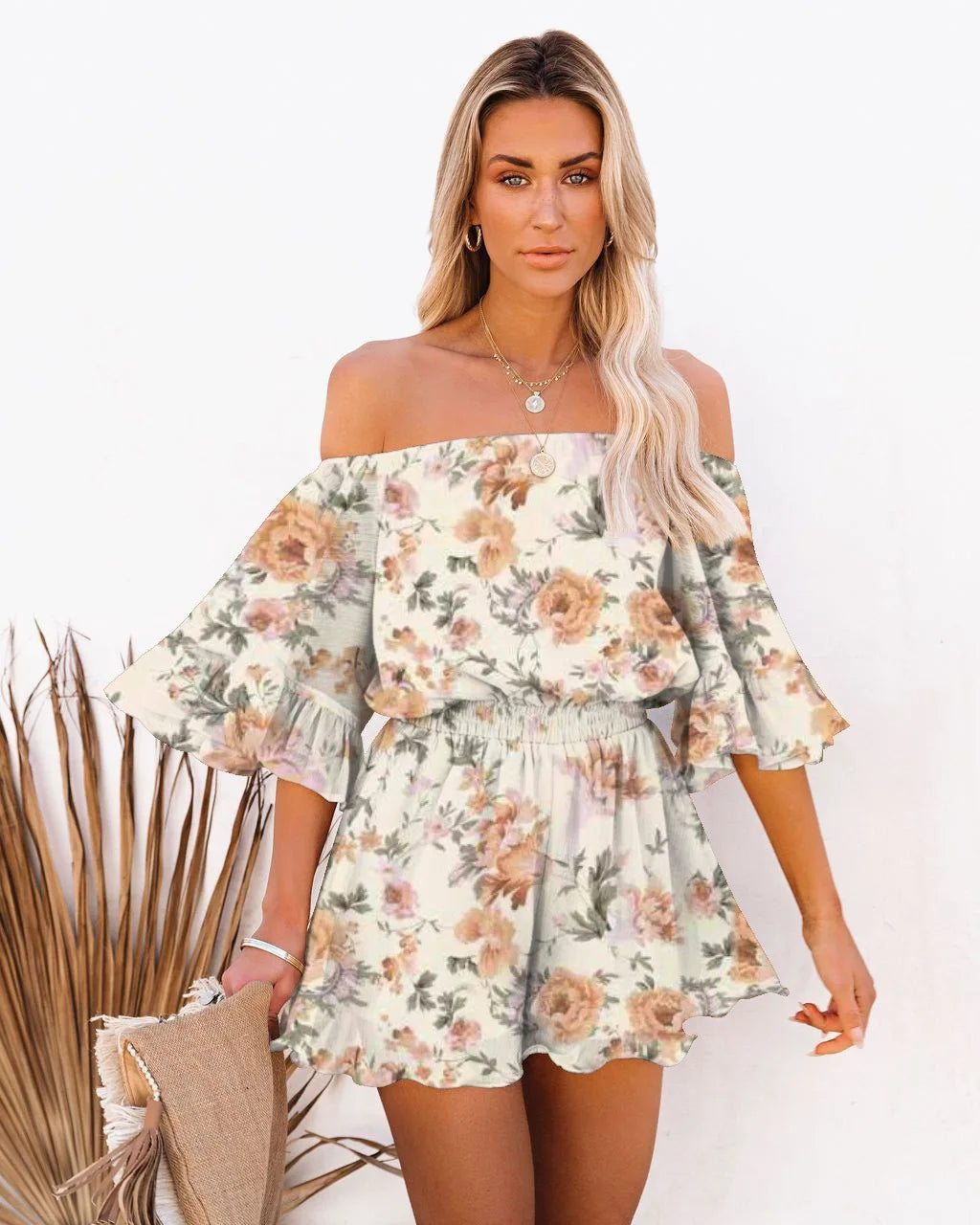 Paradise Awaits Off Shoulder Romper Sunset and Swim   