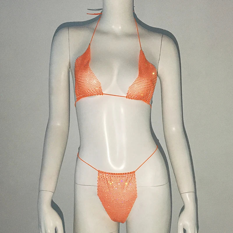 Glitter Goddess See through Micro Kini Rhinestone Bikini  Sunset and Swim Orange One Size 