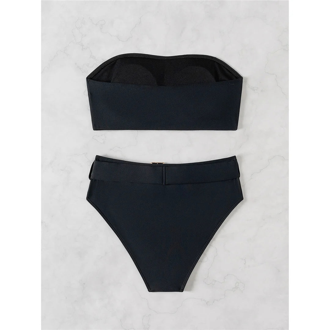 Belted Elegance Midnight Bandeau Bikini Set Sunset and Swim   