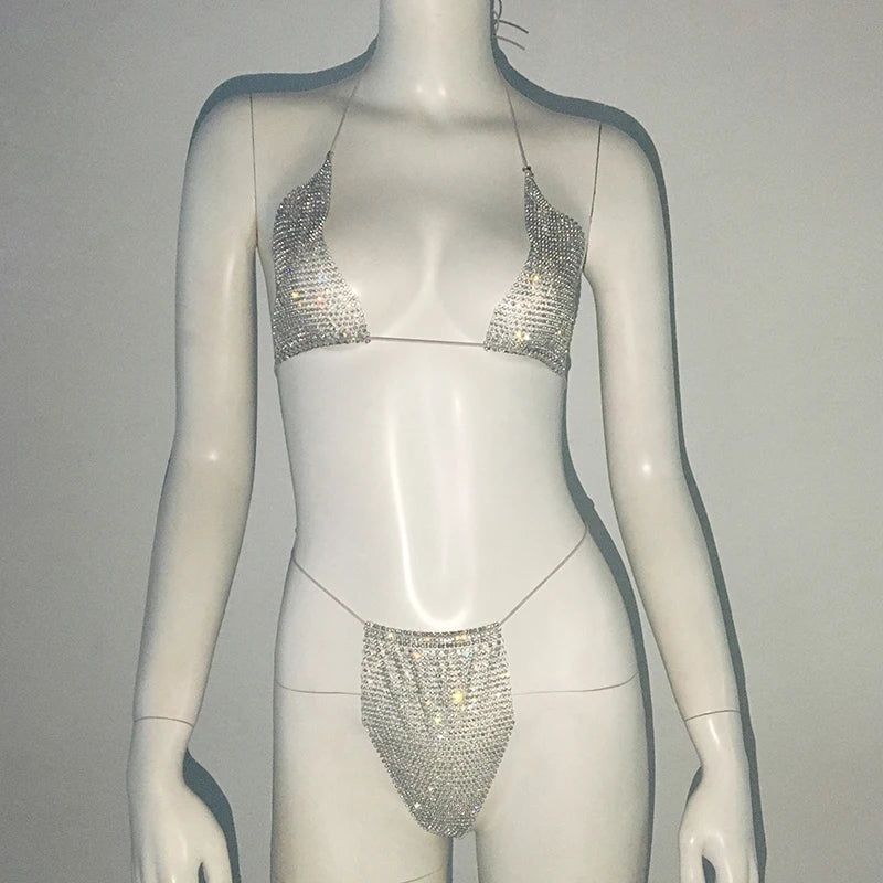 Glitter Goddess See through Micro Kini Rhinestone Bikini  Sunset and Swim Silver One Size 