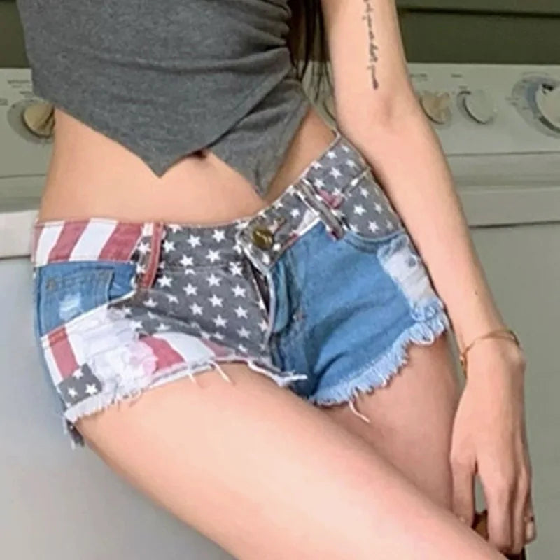 USA American Flag Jeans Denim Shorts Hot Pants Sunset and Swim   