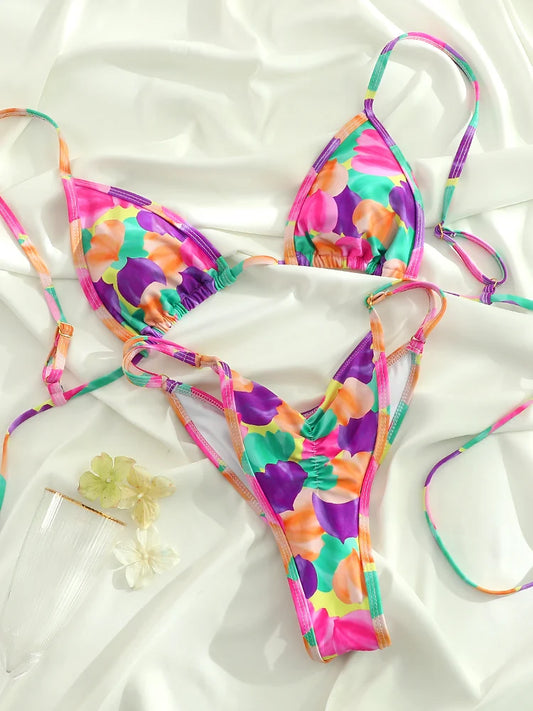 Petite Blossom Floral Micro Brazilian Bikini  Sunset and Swim Green/Pink/Mixed S 