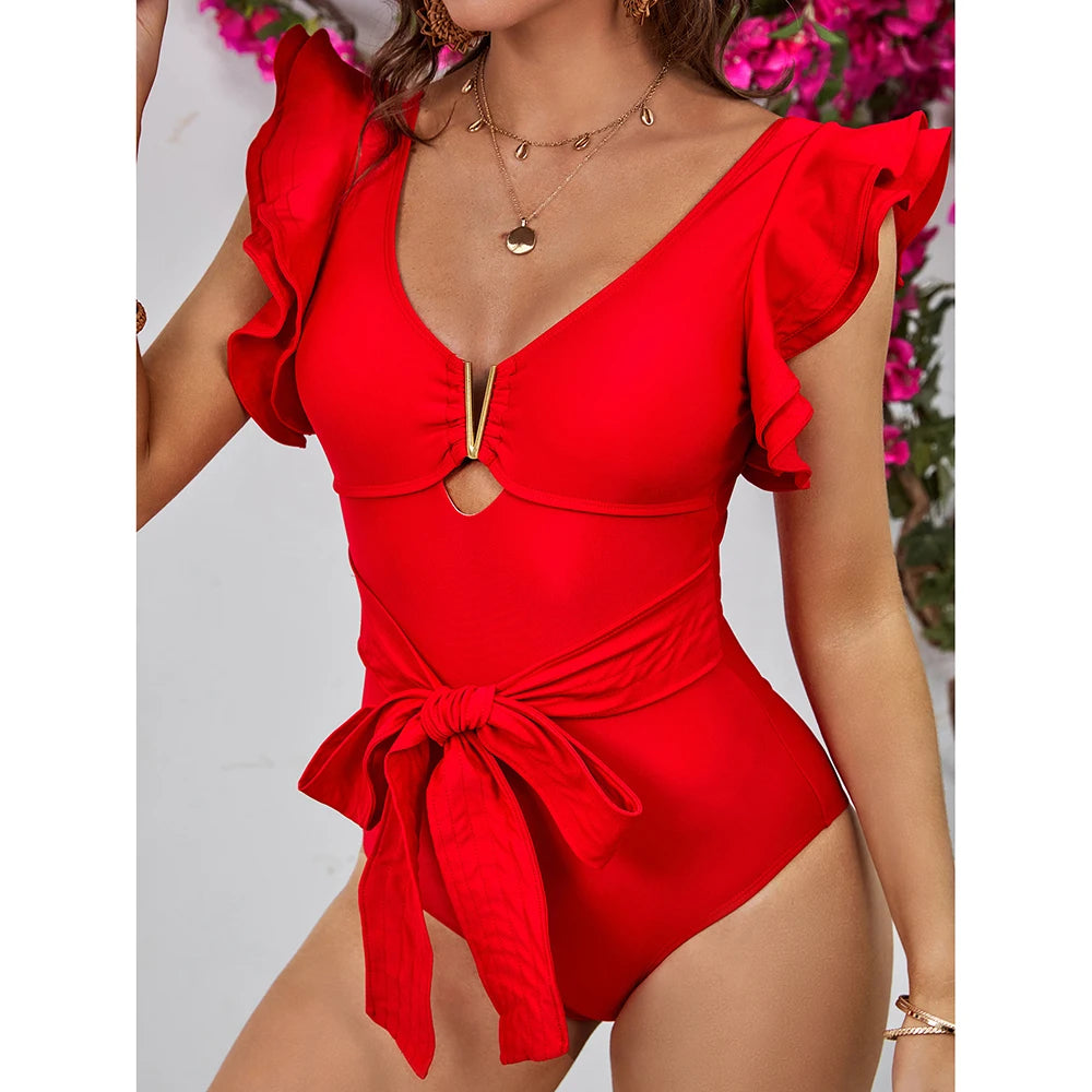 Pure Paradise Ruffle Shoulder Belt Swimsuit  Sunset and Swim Red S 