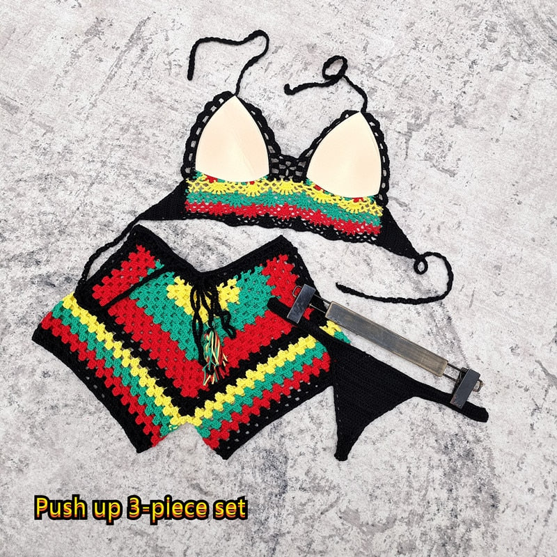Rainbow Harmony Bohemian Crochet Bikini Set  Sunset and Swim Push-up Bikini 3PCS S 