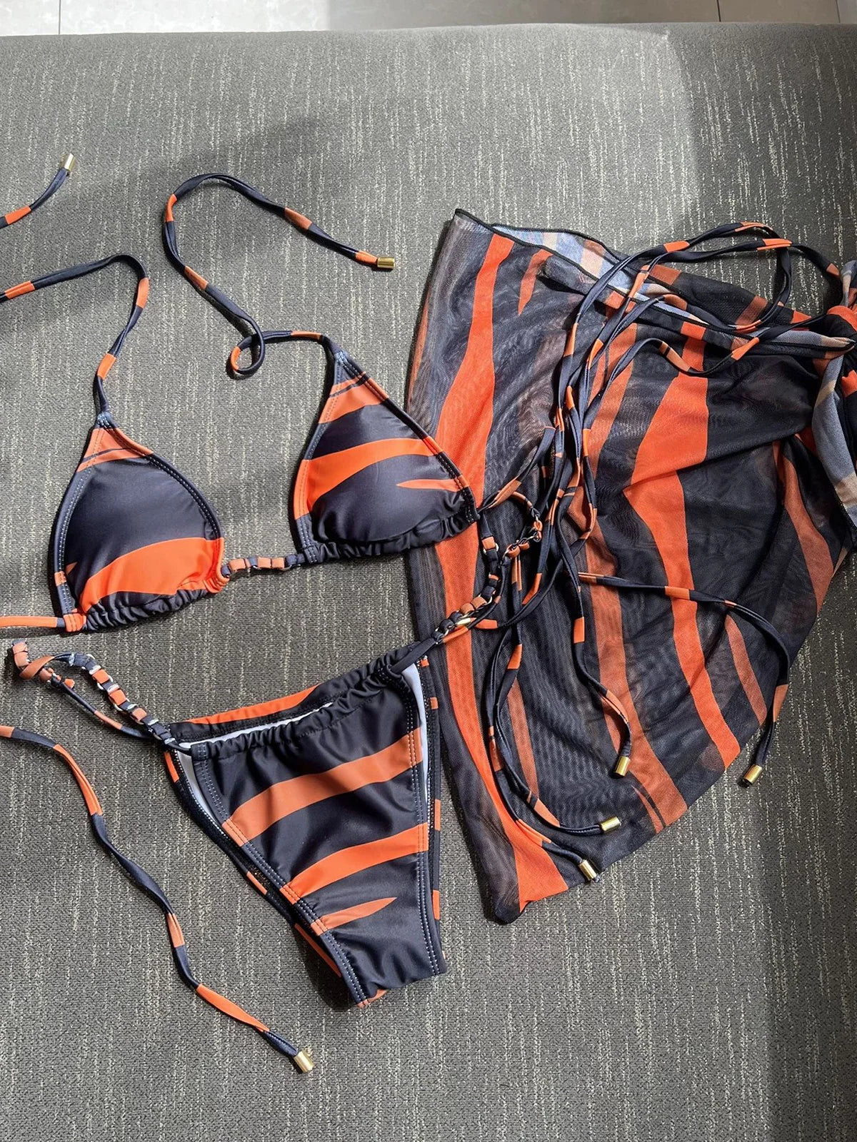 Seaside Stripes Harness Thong Bikini Set with Sarong Sunset and Swim Black/Orange/Red S 