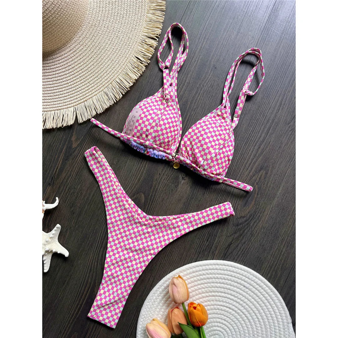 Pink Paradise Plaid Thong Bikini Sunset and Swim