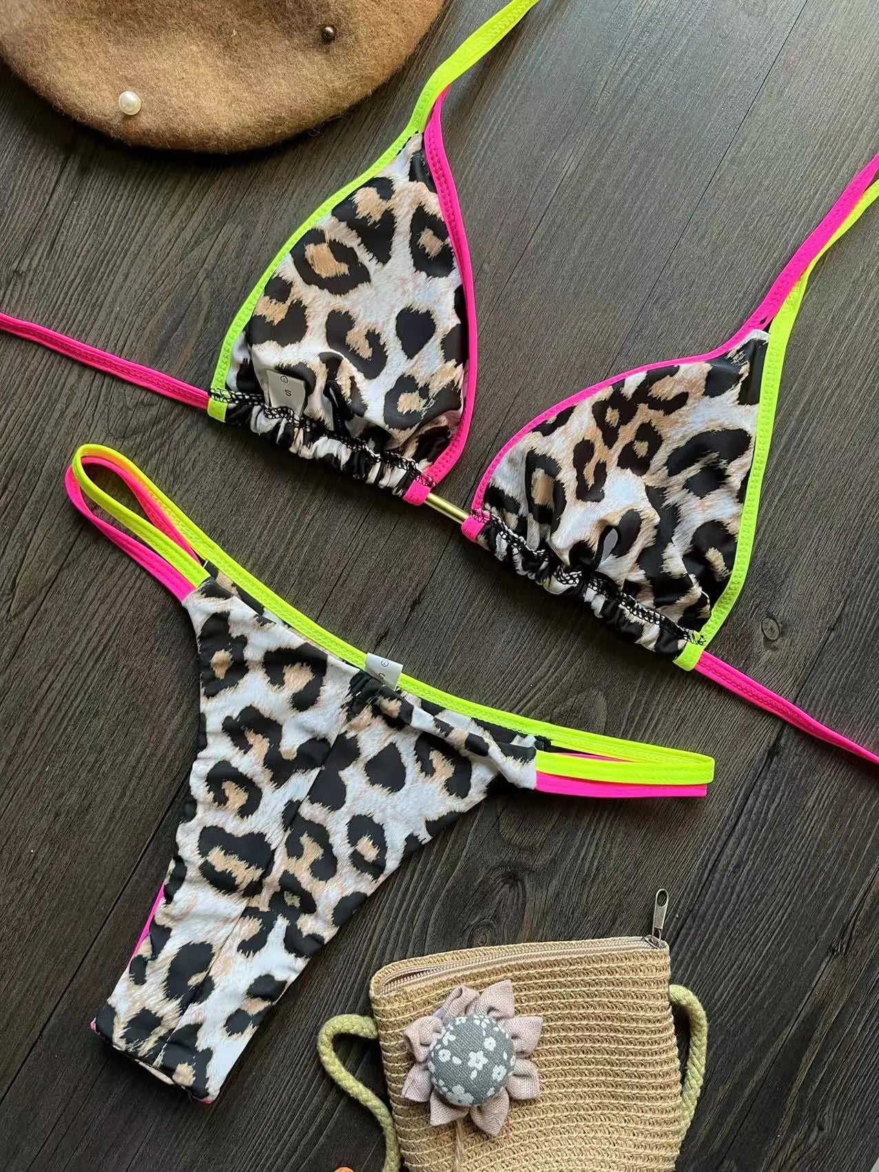 Neon Leopard Colorblock Brazilian Bikini Sunset and Swim