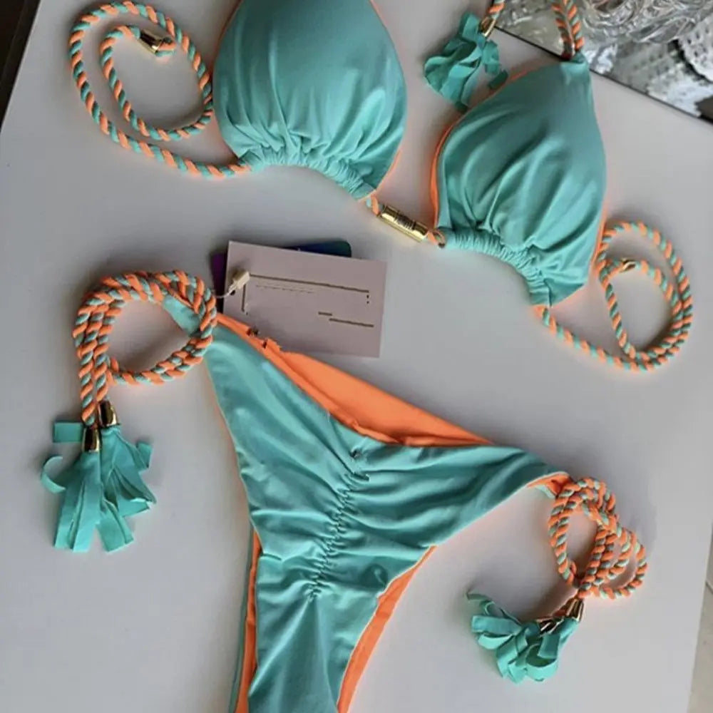 Isabella Tassel Side Tie Halter Bikini  Sunset and Swim Turquoise/Orange S 