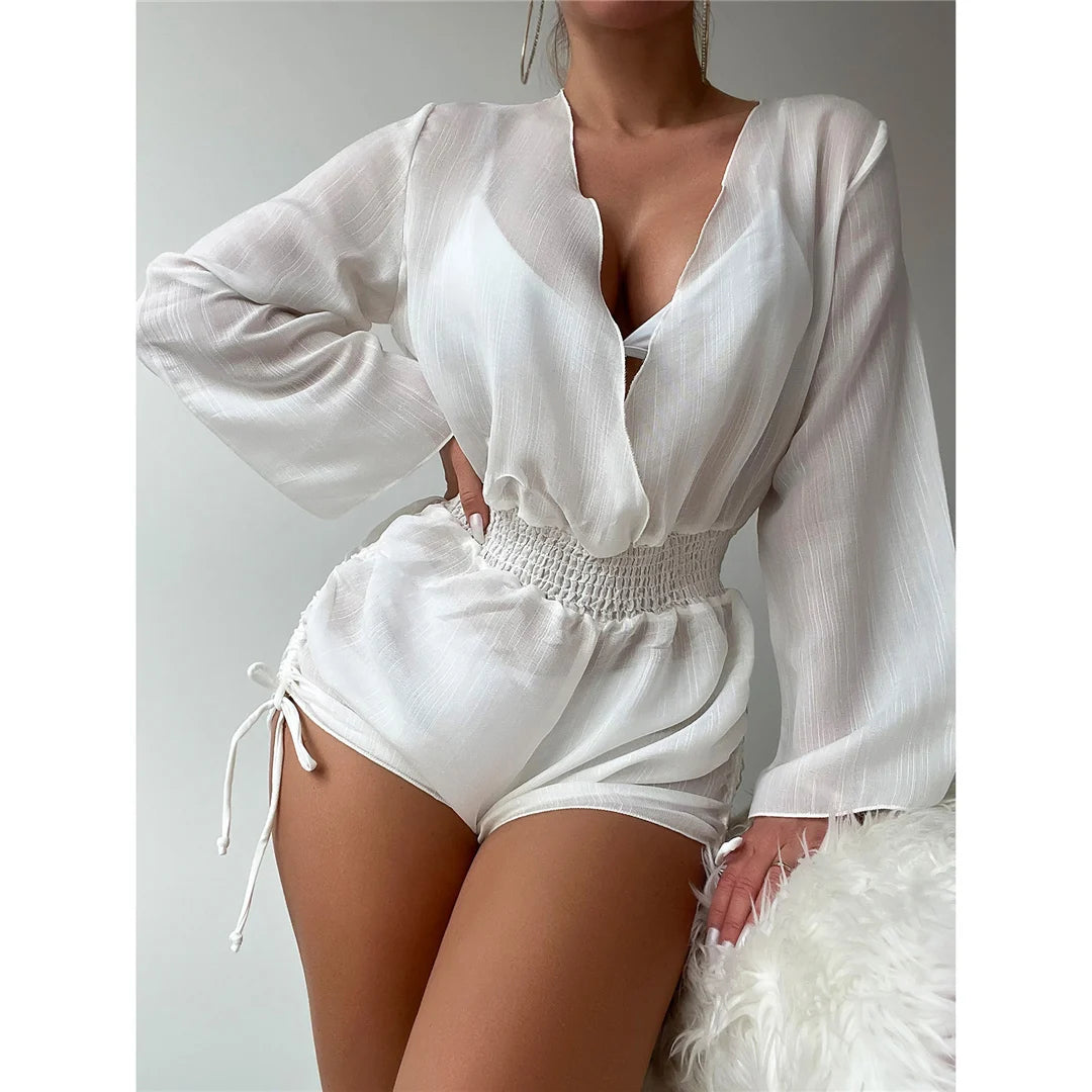 Vacation Time Deep V Neck Long Sleeve Beach Cover Up Romper Sunset and Swim   
