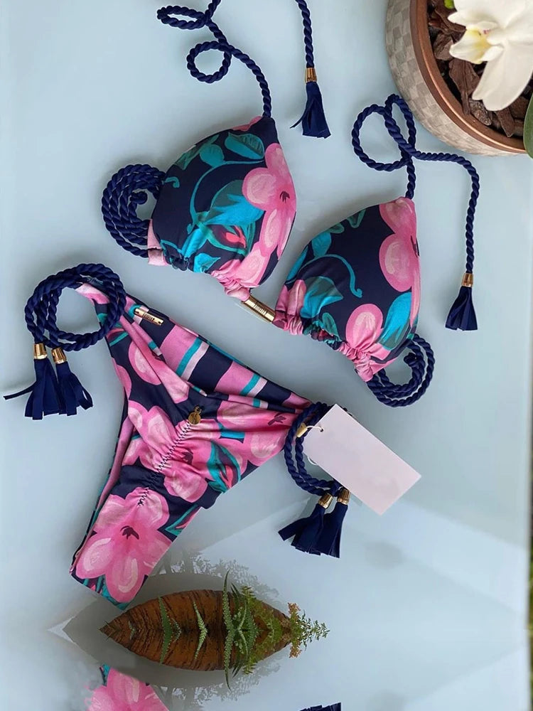 Aurora Tassel Side Tie Halter Bikini  Sunset and Swim Pink/Blue L 