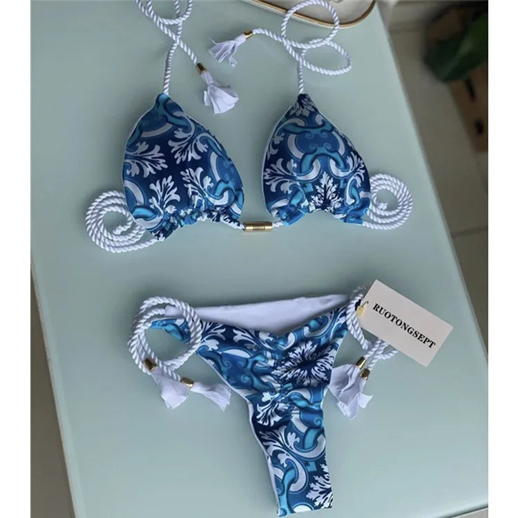 Isabella Tassel Side Tie Halter Bikini  Sunset and Swim Blue/White S 