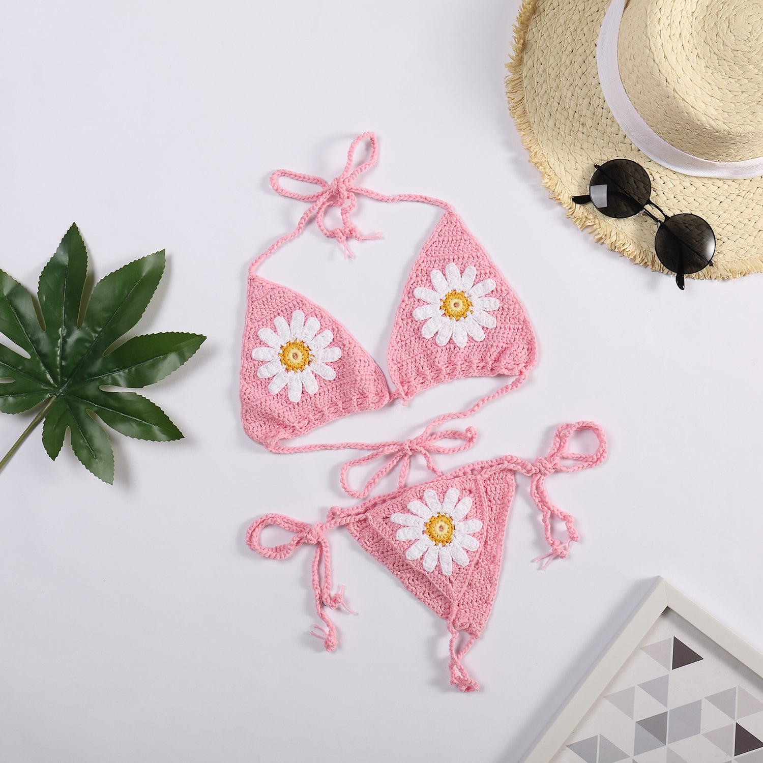 Daisy Dreams Thong String Micro Crochet Bikini  Sunset and Swim Pink S 