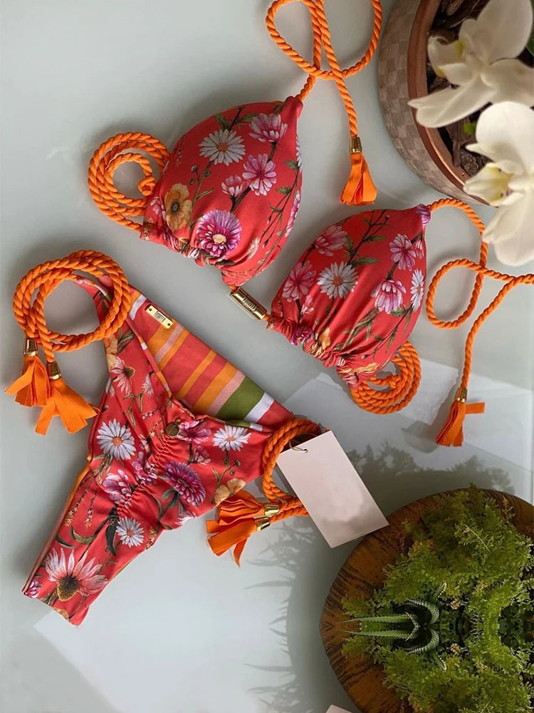 Aurora Tassel Side Tie Halter Bikini  Sunset and Swim Orange/Red M 