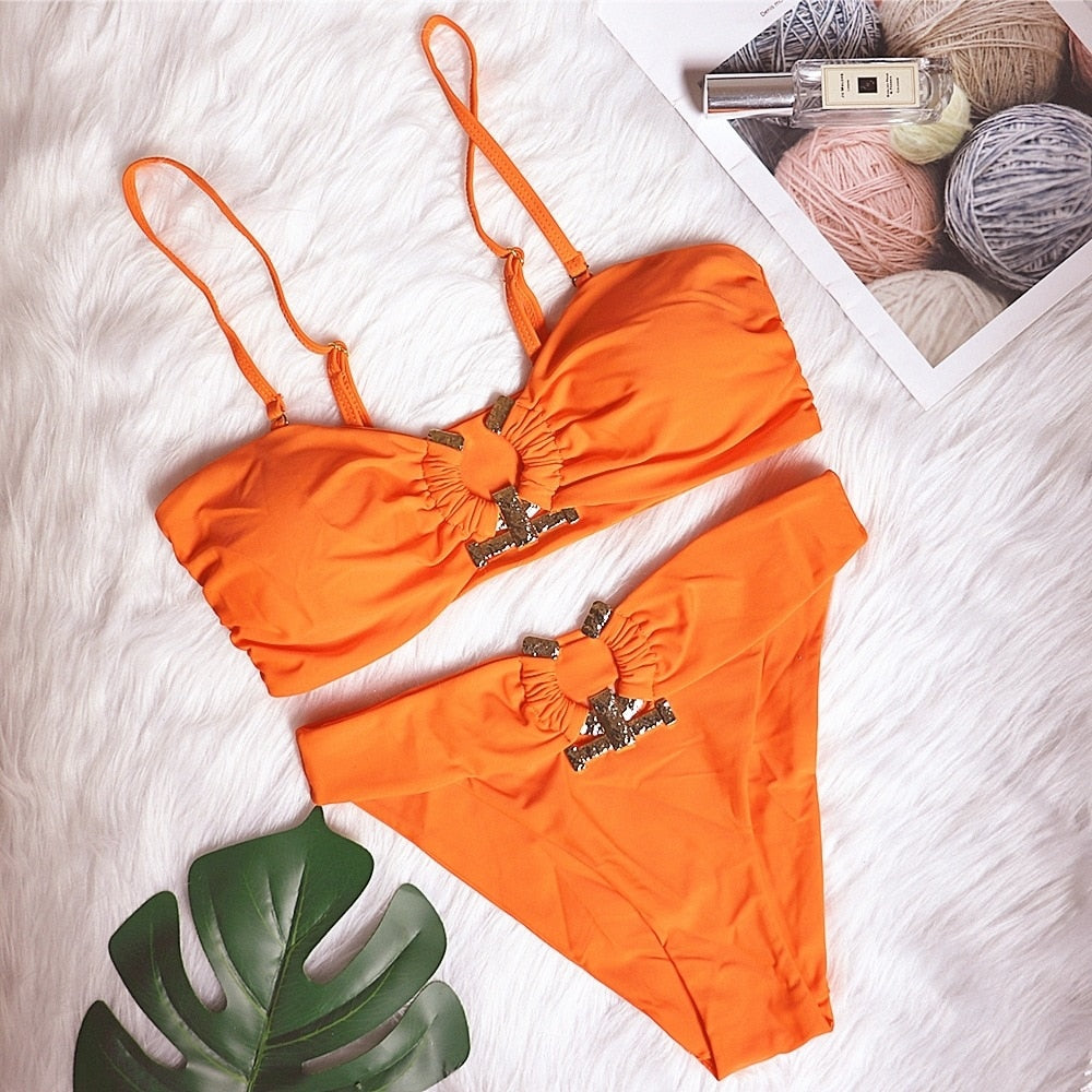 Underboob Shiny Rhinestone Scrunch Butt Bikini  Sunset and Swim Orange S 