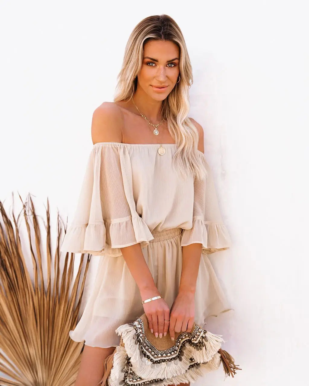 Paradise Awaits Off Shoulder Romper Sunset and Swim Apricot S 