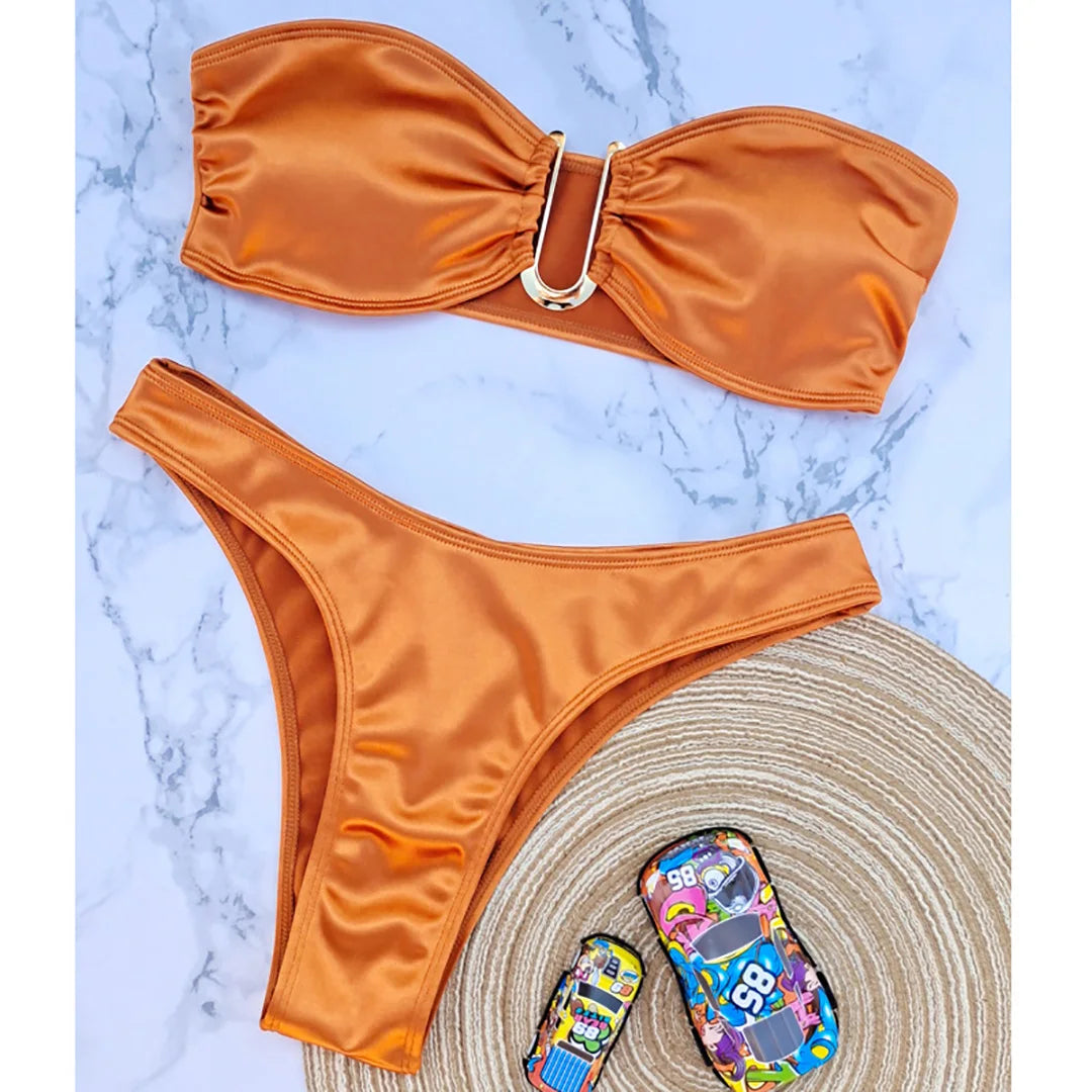 Sunset and Swim Glossy Bandeau Strapless Bikini Sunset and Swim Orange S 