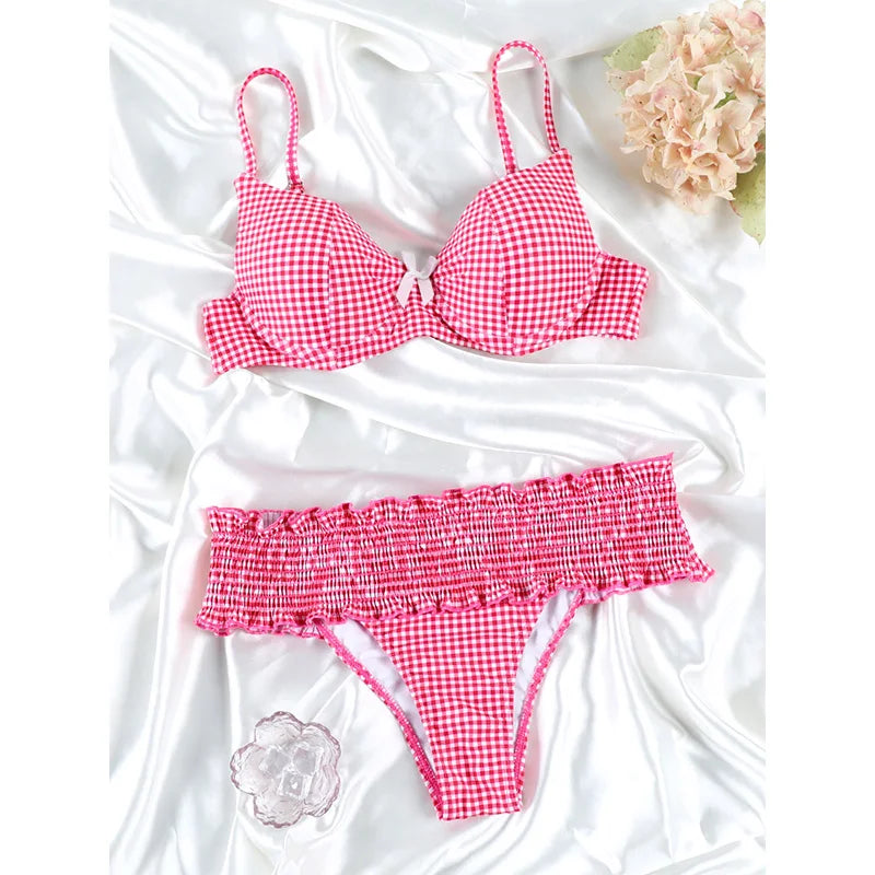 Sweetheart Ruffle Plaid Bow Bikini Sunset and Swim Pink/Red/White S 