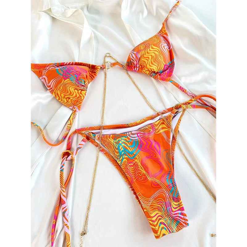 Exotic Sunset Triangle Chains Brazilian Bikini Sunset and Swim Orange S 