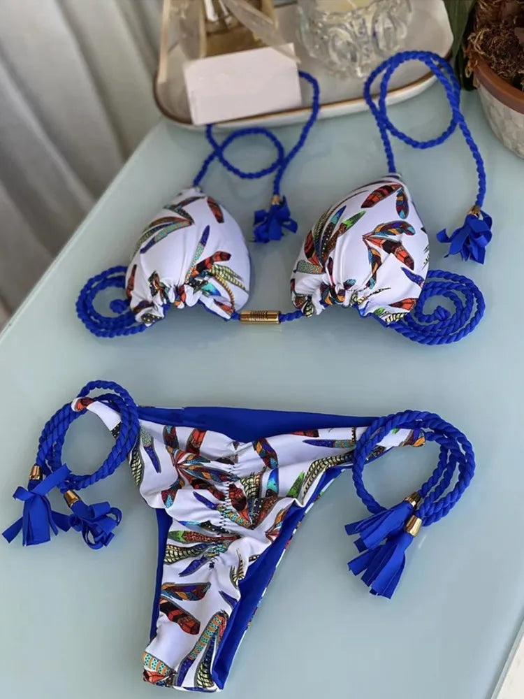 Aurora Tassel Side Tie Halter Bikini  Sunset and Swim White/Blue S 