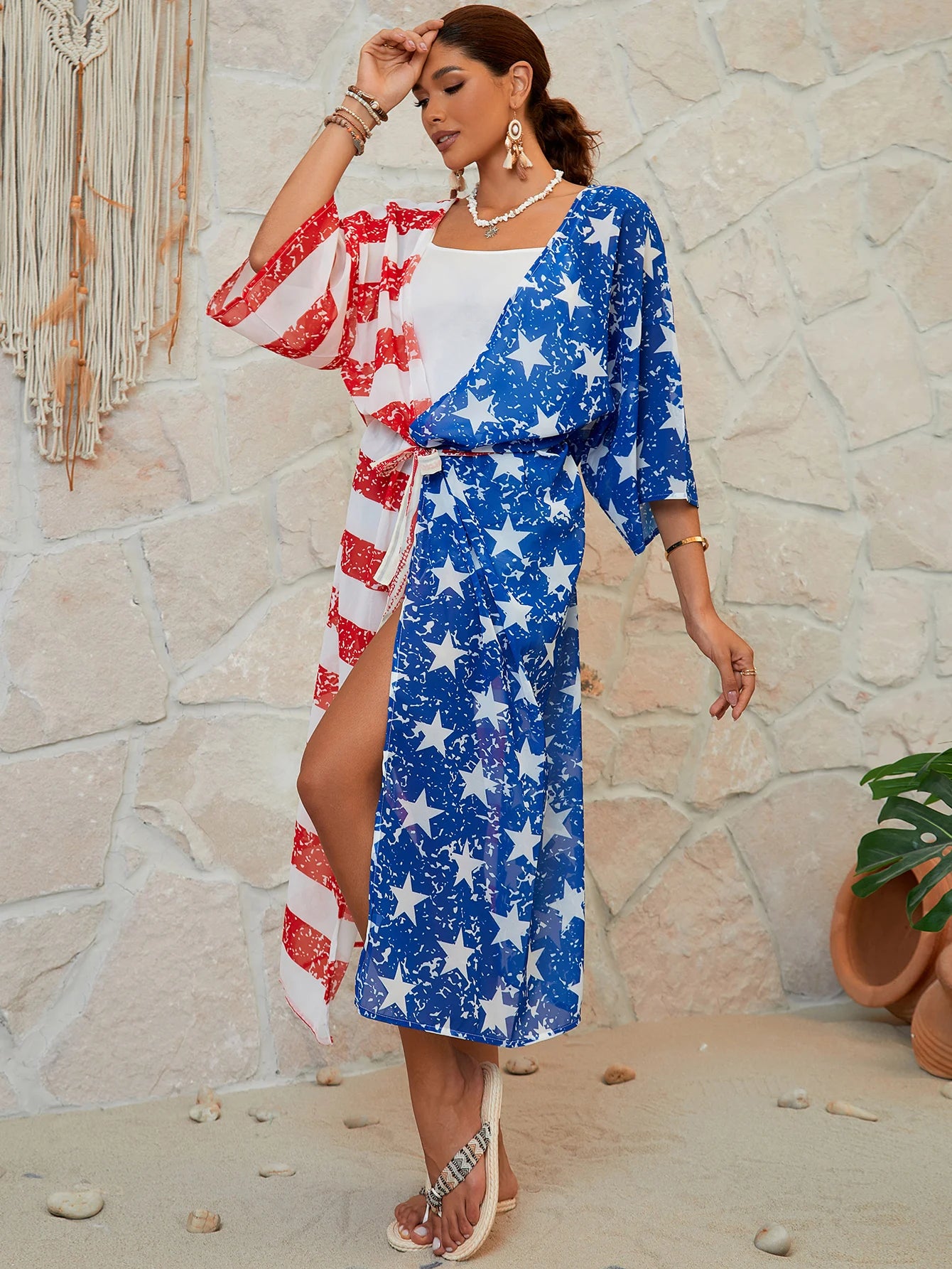 American Flag Maxi Cover Up Kimono Sunset and Swim Red/White/Blue 1 One Size 