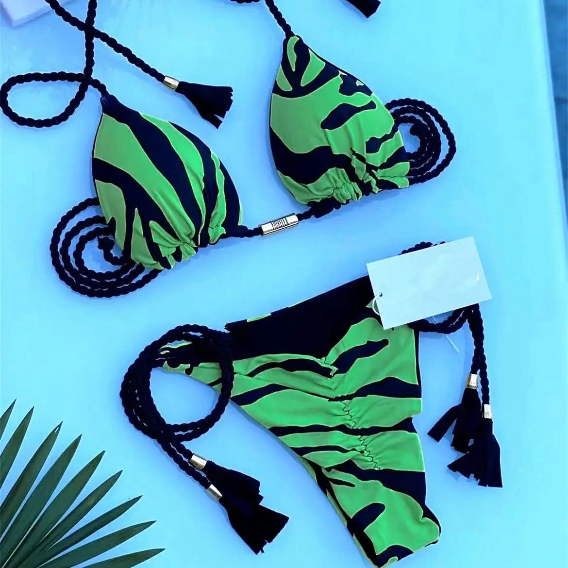 Isabella Tassel Side Tie Halter Bikini  Sunset and Swim Green/Black S 