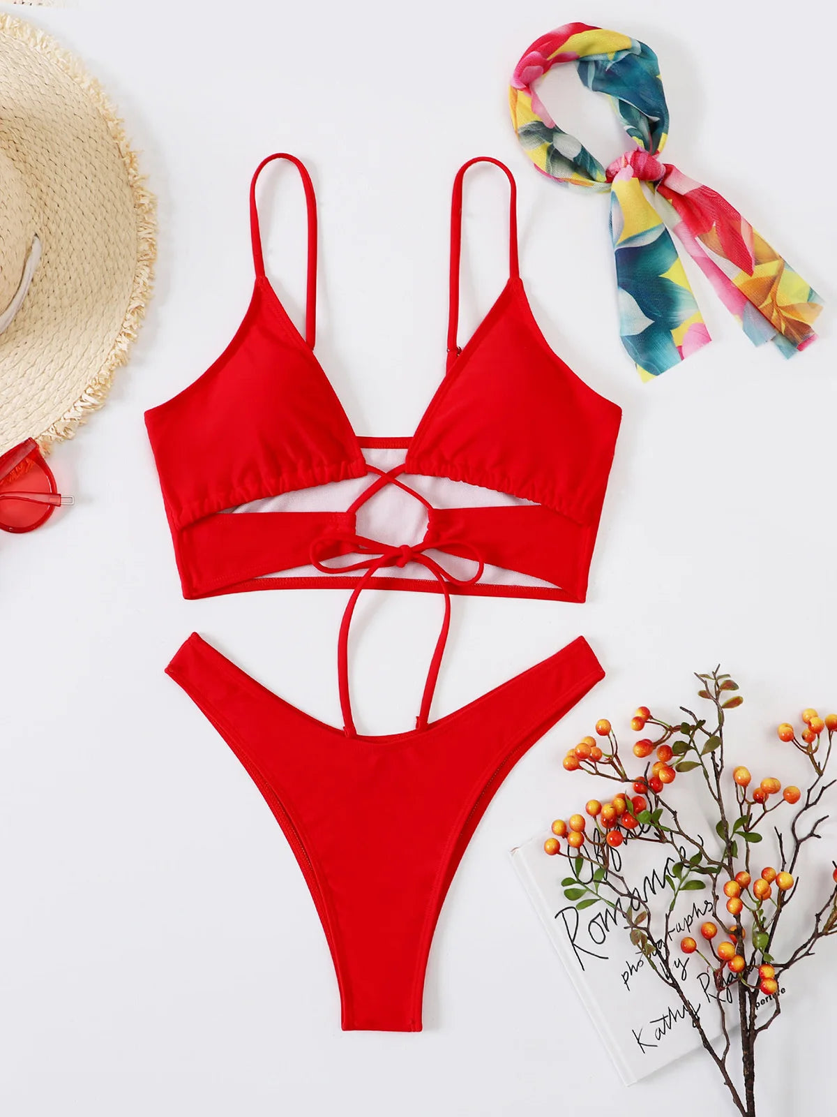 Fiery Passion Cutout Monokini 3 PCS Set With Hairband Cut Out Bikini Sunset and Swim Red L 