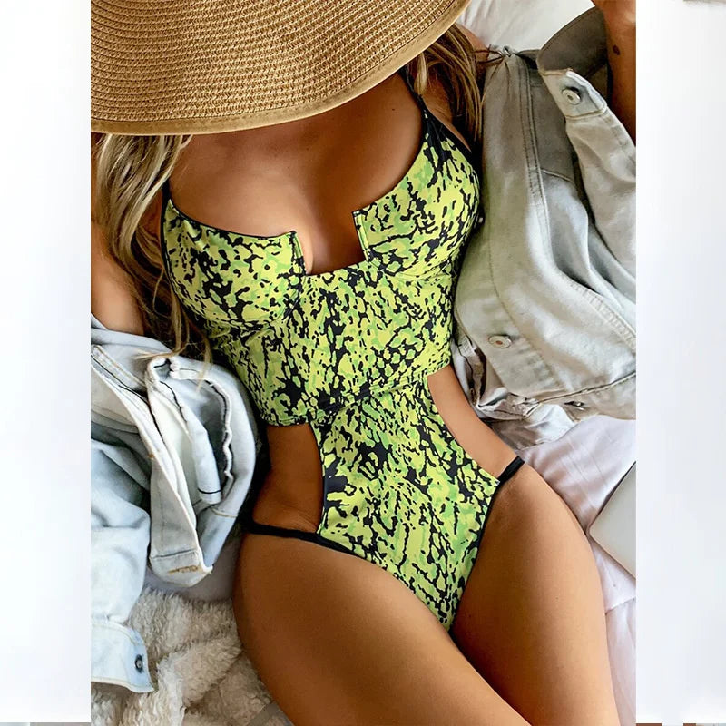 Side Cut Out Snake Print Swimsuit Sunset and Swim Green S