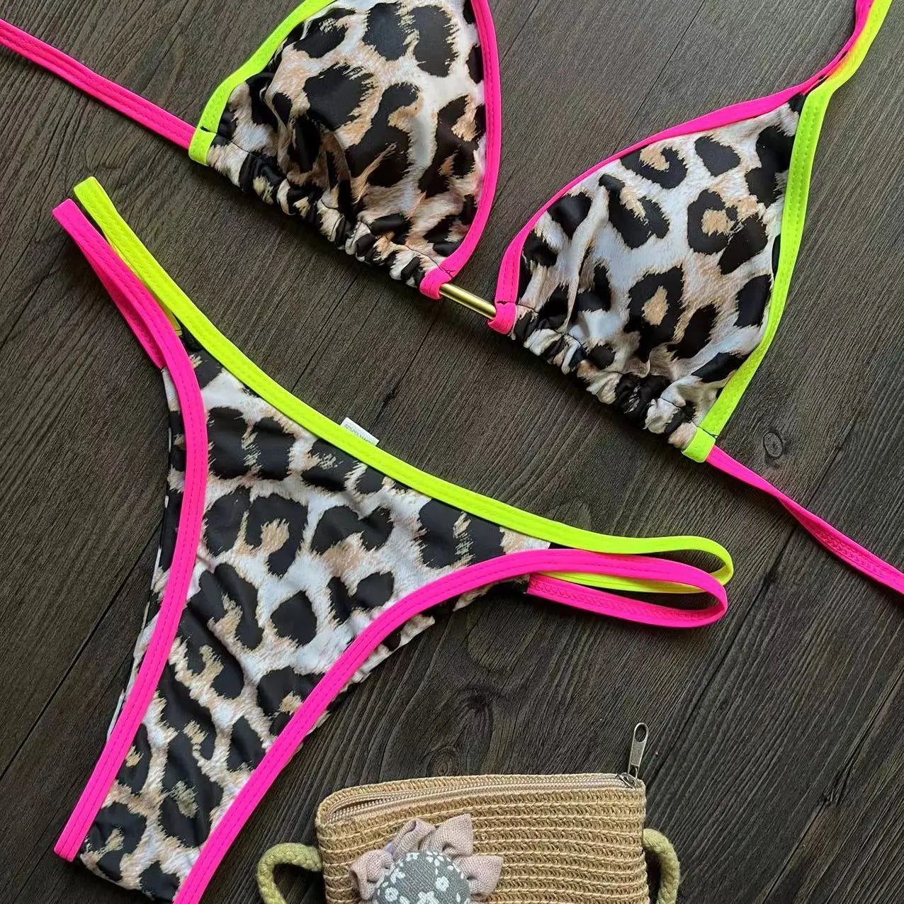 Neon Leopard Colorblock Brazilian Bikini Sunset and Swim   