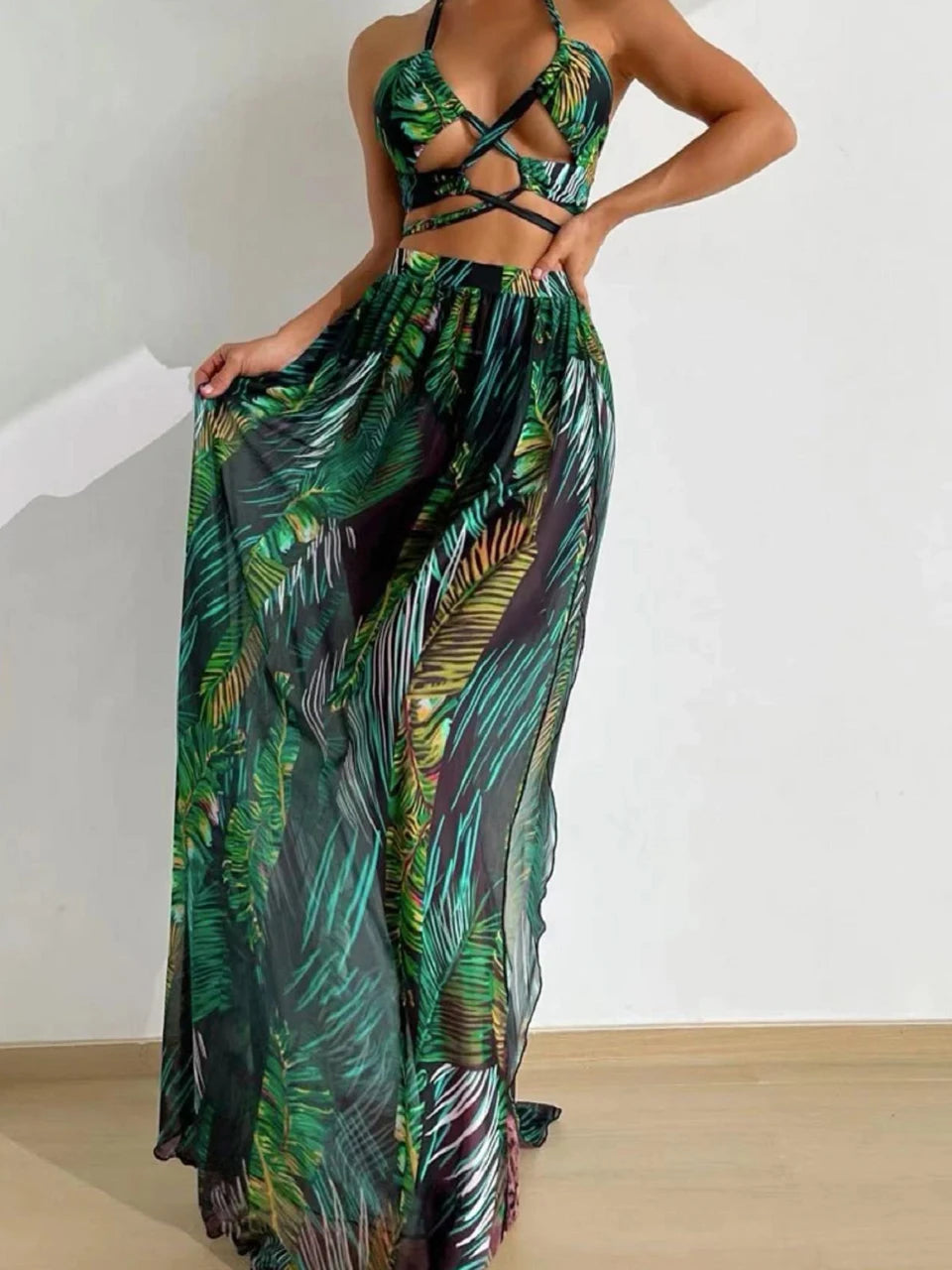 Bahamas Vacation 3 Piece Cover Up Skirt Set  Sunset and Swim Green L 