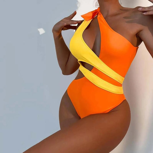 Resort Bow Strap One Shoulder Swimsuit  Sunset and Swim Orange M CN