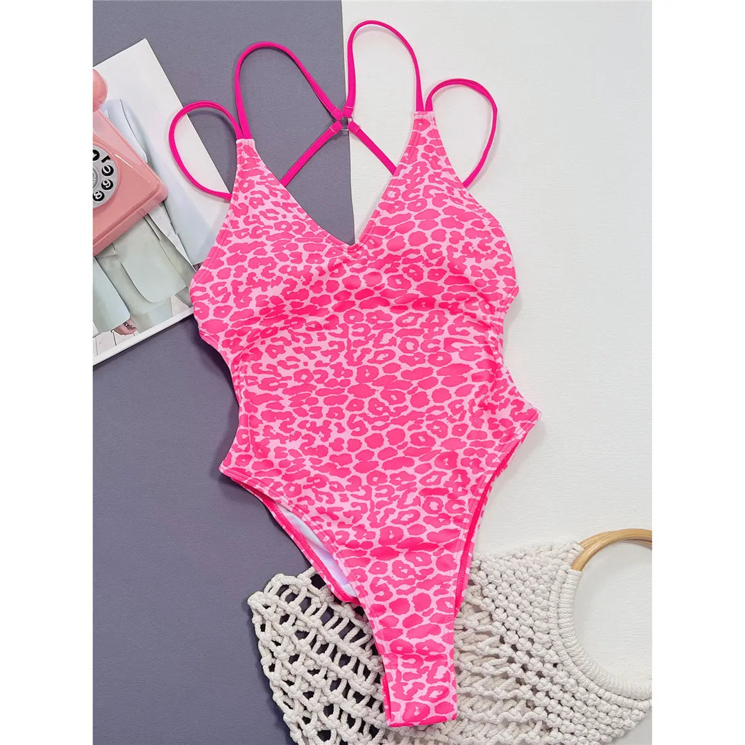 Stunning Leopard Open Back One Piece Swimsuit Sunset and Swim Pink Leopard L 