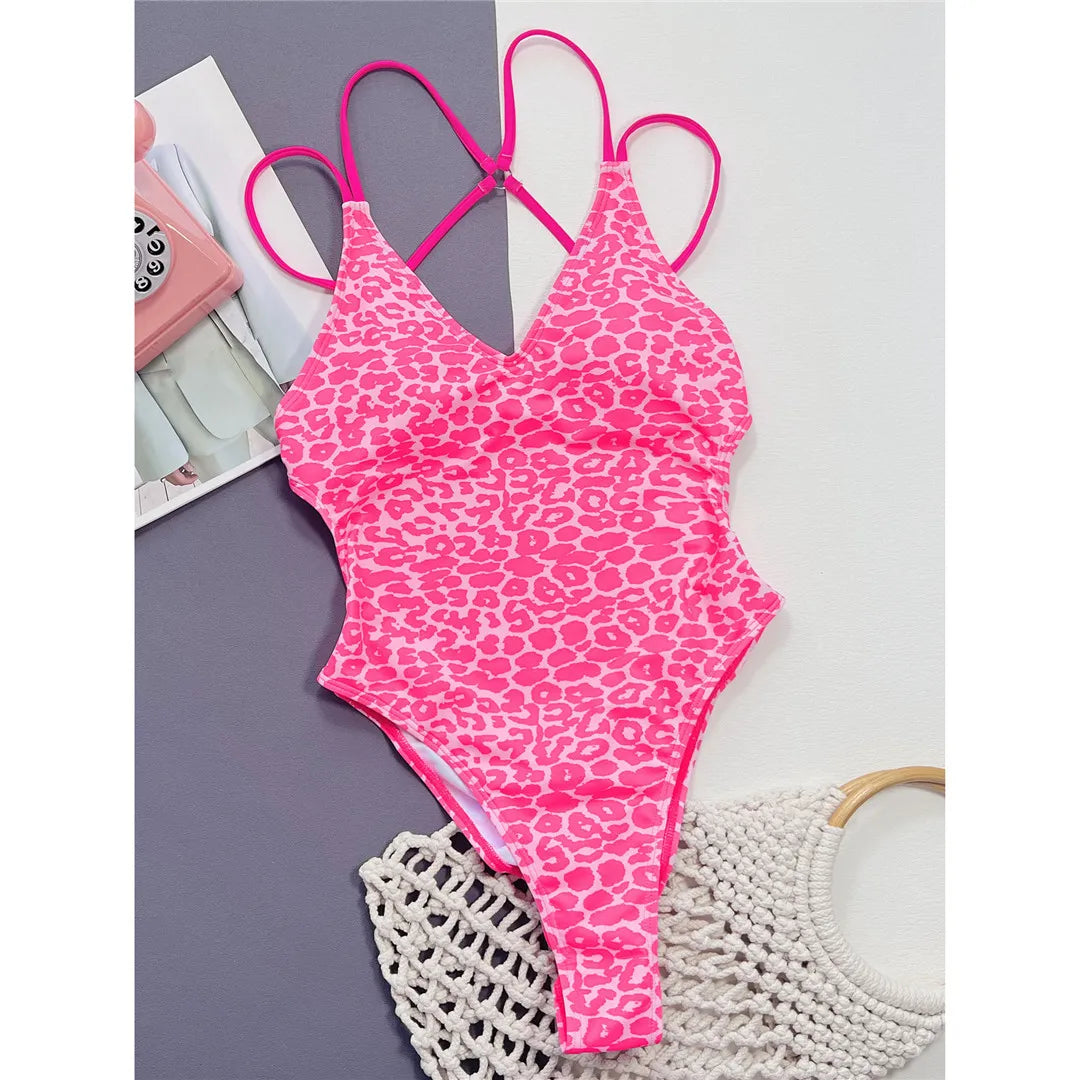 Stunning Leopard Open Back One Piece Swimsuit  Sunset and Swim Pink Leopard L 