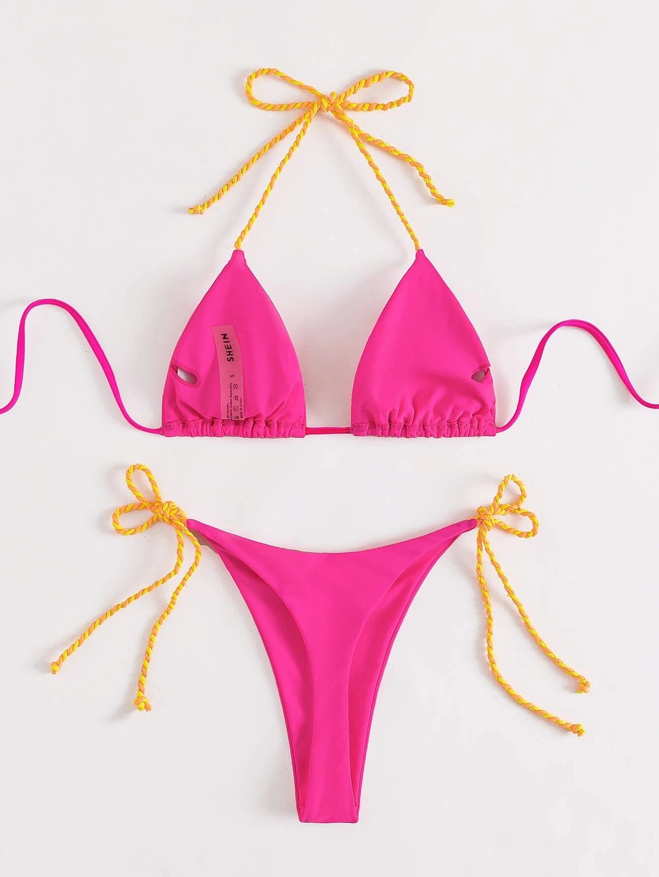 Neon Pink Halter Thong String Tie Side Triangle Bikini  Sunset and Swim   