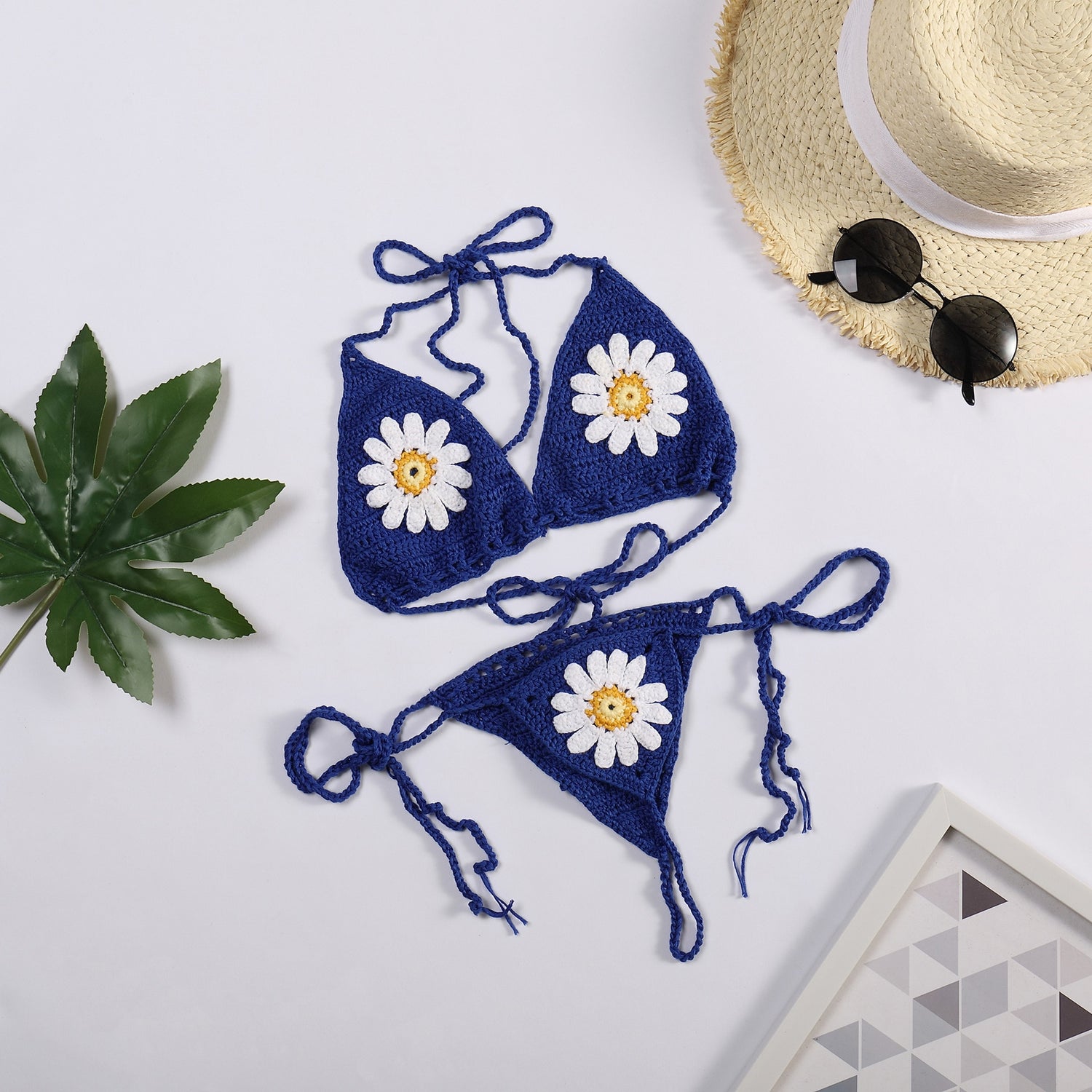 Daisy Dreams Thong String Micro Crochet Bikini  Sunset and Swim Blue S 