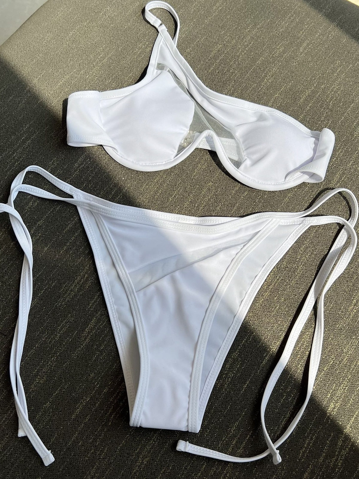 Seductive Sheer Glamour One-Shoulder Micro Bikini Set  Sunset and Swim White S 